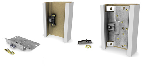 



Links die Standardzarge mit vormontierter Kunststoff-Bandaufnahme, rechts die gleiche Zarge mit nachgerüsteter Stahl-Bandaufnahme, geeignet für höhere Belastungen
