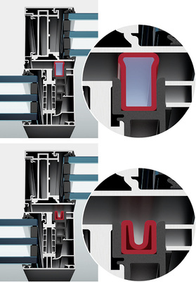 



Die aufblasbaren Ringdichtungen sind in den Profilen integriert und sorgen für die hohe Dichtheit der gigantischen Anlagen. Oben: Dichtung aktiv – per Druck auf den Taster wird im Rahmen Luft erzeugt und in die Dichtung gepumpt. Die Dichtung verschließt den Spalt zwischen Schieber und festem Rahmen. Unten: Die Luft entweicht, die Dichtung geht zurück in ihre eingerollte Position.
