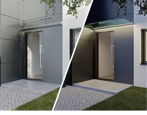 



Das neue gläserne Vordach lässt sich bei Dunkelheit ansprechend beleuchten.
