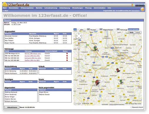 



Das Dashboard der 123-Office-Software zeigt den Status aller Mitarbeiter und Einsatzorte. Auf Baustellen erstellte Fotos, Skizzen und Notizen stehen im Office für Berichte und für weitere Dispositionen zur Verfügung.
