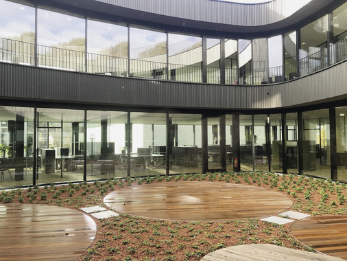 Das äußere Konzept der versetzten ­Ellipsen-Formen setzt sich spielerisch dann auch in den Innenräumen fort und spiegelt sich dort in den Wänden wider, die teils in Bögen laufen.