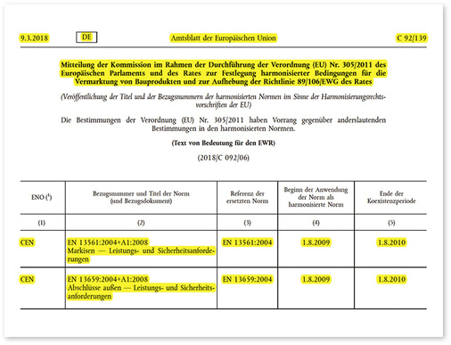 <p>
</p>

<p>
Der aktuelle Abruf des europäischen Amtsblattes zeigt mit Datum vom 9.3.2018 sehr deutlich, dass der Normenstand EN 13561:2004/2008 bei der Erstellung der Leistungserklärung von Markisen und Abschlüssen heute anzuwenden ist.
</p> - © Foto: EUR-Lex

