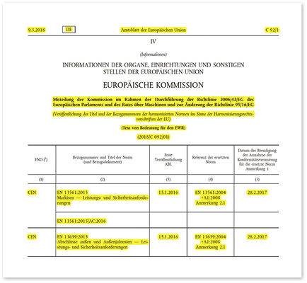 <p>
</p>

<p>
Wenn es um die Konformatitätserklärung geht, gilt hingegen die Ausgabe EN 13561:2015, die seit dem 1.3.2017 anzuwenden ist.
</p> - © Foto: EUR-Lex

