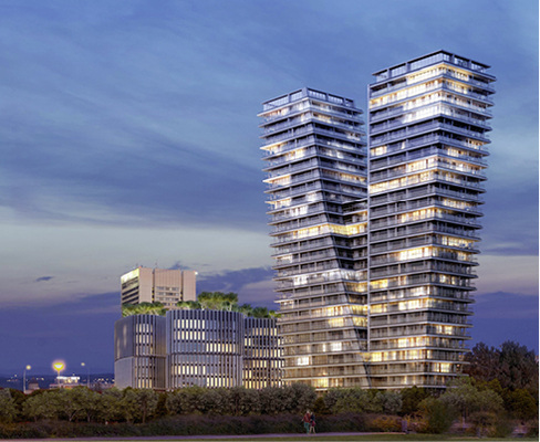 



Der V-Tower, ein 104 Meter hohes Wohngebäude, teilt sich nach etwa einem Drittel der Stockwerke in zwei separate Türme, um zusätzlichen Raum für die zahlreichen Wohneinheiten zu bieten.
