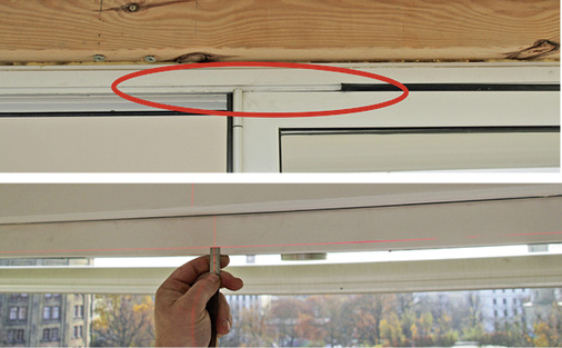 



Kontakt zwischen Blendrahmen und Flügelrahmenprofilen nach ca. 6 Monaten; Rechts unten: Vermessung der horizontalen Profile mit Kreuzlinienlaser
