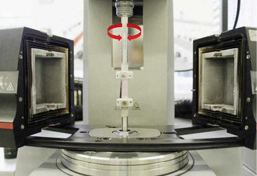 



Rheometer mit eingebauter Probe (rosa) und Prüfrichtung (rote Pfeile, Torsion) 
