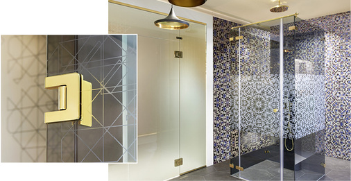 



Mit dem „Marrakesch Design“ lassen sich im Bad individuelle Kundenwünsche umsetzen. Im Bild ist auch die gläserne Pendeltür Swissdoor Swing 101 zu sehen, für die passende Beschläge entwickelt wurden.
