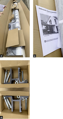 
01: Die Verpackung der 19 kg schweren Markise war vollkommen unauffällig.






02: Eine Gebrauchs- / Wartungsanleitung konnte der Verpackung nach dem Öffnen entnommen werden.






03: Das Befestigungsmaterial incl. Markisenkonsole und Dübel wurde separat verpackt und beigelegt.



