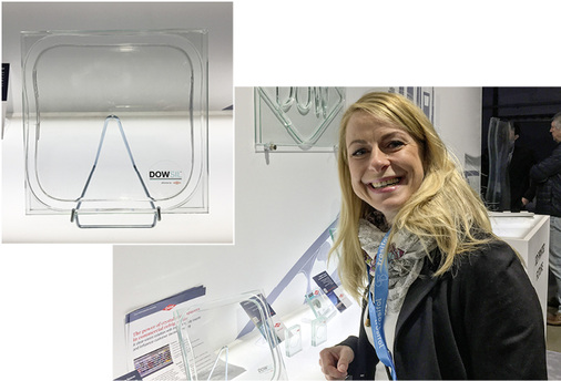 



Auch glasstec-Direktorin Birgit Horn war in Tampere, um sich von Innovationen inspirieren zu lassen, wie hier von einem transparenten Spacer (l.) am Stand von Dow.
