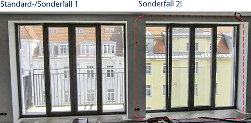



Bild 3: Gleiches Fenster, aber unterschiedliche Einbausituationen und daraus resultierende Anforderungen (links mit Balkon und Geländer, rechts mit französischem Balkon am Fensterelement = absturzsicherndes Fenster, Fallunterscheidung nach dem Leitfaden zur Planung und Ausführung der Montage von Fenstern und Haustüren)
