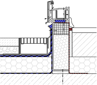



Bild 13: Beispiel eines Randabschlusses einer Bauwerksabdichtung unter Berücksichtigung der Flachdachrichtlinie mit einer vorab montierten Zarge im Schwellenbereich (die Schwellenausbildung ist stets objektspezifisch unter Berücksichtigung der Anforderungen aus Nutzung, Witterungsbelastung und baulichen Kompensationsmaßnahmen zu planen)

