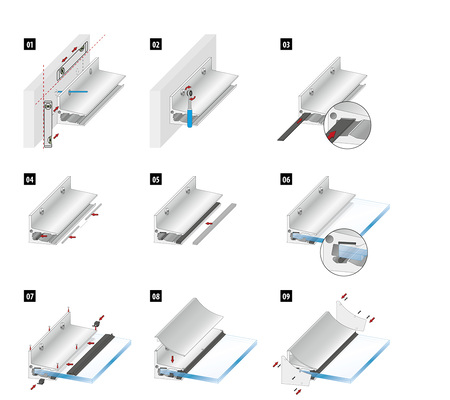 <p>
</p>

<p>
01 Die Unterkonstruktion ausrichten und die Befestigungspunkte mithilfe des Profils bestimmen.
</p>

<p>
02 Das Profil an Unterkonstruktion/Baukörper mit geregelten/zugelassenen Verbindungsmitteln befestigen.
</p>

<p>
03 Dann das hintere Auflagerband in die obere Nut schieben.
</p>

<p>
04 Die Klemmstäbe im Abstand von 200 mm in die innere Profileinkerbung legen, mind. 3 Klemmstäbe pro Scheibe.
</p>

<p>
05 Dann das vordere Auflagerband in die dafür vorgesehene Nut setzen.
</p>

<p>
06 Nun die Glasscheibe bis zum Profilanschlag einführen.
</p>

<p>
07 Jetzt die Glasscheibe beidseitig mit den Sicherungsklötzen fixieren und die vordere Auflagerdichtung zwischen Glas und Profil drücken. Dann die Silikonpuffer in regelmäßigen Abständen auf Profilober- und -vorderkante aufkleben.
</p>

<p>
08 Anschließend die Blende auf das Profil setzen.
</p>

<p>
09 Und nun die Seitenabdeckungen und die Blende mit den Sicherungsschrauben fixieren. Fertig.
</p> - © Foto: Glassline

