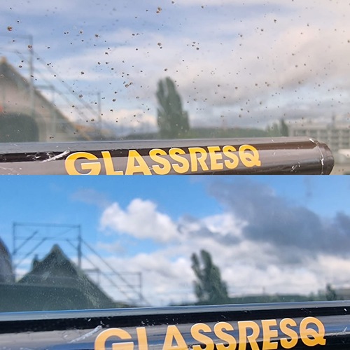 Vorher - Nachher: Oben die beschädigte Scheibe, unten die sanierte.