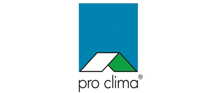 Pro Clima-Logo mit einem blauen Rechteck über einem weißen und grünen stilisierten Dach und dem Text "pro clima" darunter.