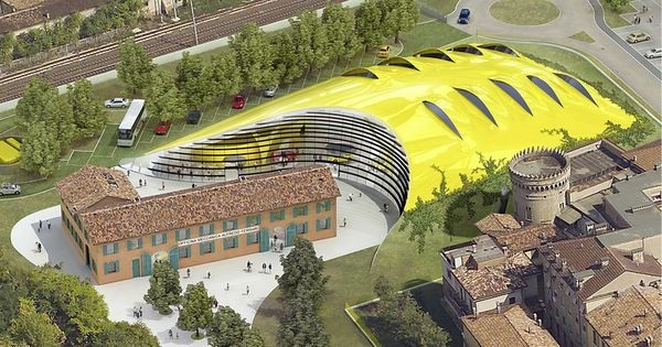 Rendering des Ferrari Museums. Am Textende finden Sie einen Link zum Youtube-Video über das Museum um den Autoentwickler. - Future Systems, London/GB