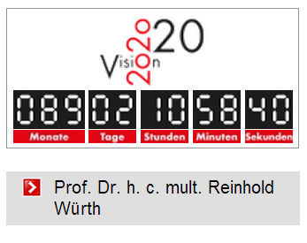 Die Würth-Gruppe scheinen ihre Vision fest im Blick zu haben: auf der Homepage des Unternehmens wird bereits sekundengenau aufgezeigt, bis wann die Vision in die Realität umgesetzt sein soll. Die Würth-Gruppe scheinen ihre Vision fest im Blick zu haben: auf der Homepage des Unternehmens wird bereits sekundengenau aufgezeigt, bis wann die Vision in die Realität umgesetzt sein soll.