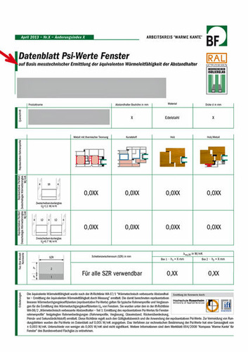 Ansicht eines der überarbeiteten der BF-Datenblätter. Ein aktuelles Datenblatt ‚Psi-Werte Fenster‘ muss den Untertitel “auf Basis messtechnischer Ermittlung der äquivalenten Wärmeleitfähigkeit der Abstandhalter“ tragen (roter Pfeil) und auf der Website des BF freigeschaltet sein.