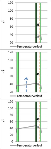 Bild 02: Temperaturen bei 2-fach-ISO (v. o.); 

einschichtig, 

in geschlossener Doppelhautfassade, 

bei 1000 W/m2, mit Θe = Θi = 28 °C - Hochschule Luzern T&A