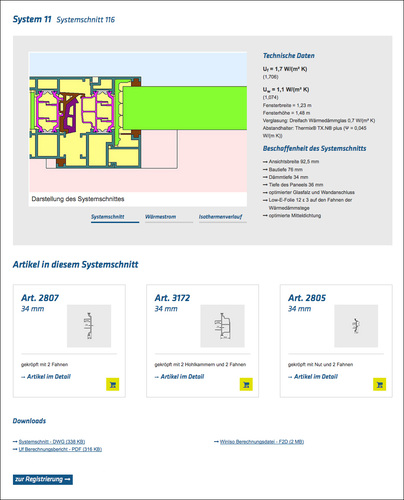 Das Suchergebnis zeigt den Systemschnitt im Detail plus technische Informationen und alle enthaltenen insulbar Wärmedämmprofile. Sind die passenden Profile in den Warenkorb gelegt, kann der Nutzer seine Auswahl direkt bei der insulbar Kundenberatung anfragen. - © Ensinger GmbH
Das Suchergebnis zeigt den Systemschnitt im Detail plus technische Informationen und alle enthaltenen insulbar Wärmedämmprofile. Sind die passenden Profile in den Warenkorb gelegt, kann der Nutzer seine Auswahl direkt bei der insulbar Kundenberatung anfragen. - Ensinger GmbH