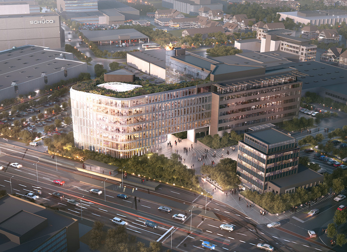 Schüco erweitert seine bestehende Unternehmenszentrale in Bielefeld: Der durch das Architekturbüro 3XN geplante Neubau wird mit eigenen Schüco Systemlösungen realisiert und mit der bisherigen Unternehmenszentrale verbunden. - Schüco
