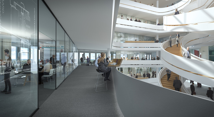 Der vom renommierten Kopenhagener Architekturbüro 3XN geplante Schüco Neubau verfolgt den Anspruch einer modernen kommunikationsfördernden Büroorganisation, die Raum für unterschiedliche Arbeitsformen und Möglichkeiten der spontanen Begegnungen bietet. - Schüco - © Schüco
