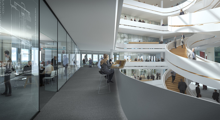 Der vom renommierten Kopenhagener Architekturbüro 3XN geplante Schüco Neubau verfolgt den Anspruch einer modernen kommunikationsfördernden Büroorganisation, die Raum für unterschiedliche Arbeitsformen und Möglichkeiten der spontanen Begegnungen bietet. - Schüco - © Schüco
Der vom renommierten Kopenhagener Architekturbüro 3XN geplante Schüco Neubau verfolgt den Anspruch einer modernen kommunikationsfördernden Büroorganisation, die Raum für unterschiedliche Arbeitsformen und Möglichkeiten der spontanen Begegnungen bietet. - Schüco - © Schüco