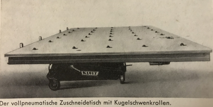 Der vollpneumatische Zuschneidetisch mit Kugelschwenkrollen. - © Archiv
Der vollpneumatische Zuschneidetisch mit Kugelschwenkrollen. - Archiv