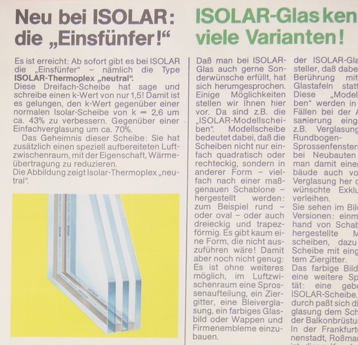 Die Isolar Gruppe bringt in den 1970er Jahren ein 3-fach-Isolierglas mit einem K-Wert von 1,5 auf den Markt. - GLASWELT Archiv
