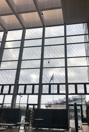 Hier ein Blick von Innen aus dem Foyer: Die Microlamellen in den Fassadengläsern schützen vor direkter Sonneneinstrahlung während die Sicht nach außen weiterhin gegeben ist. - Microshade