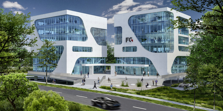 An der A5 Abfahrt Karlsruhe-Nord entsteht der Neubau FC Campus. Eyecatcher wird die strahlend weiße Fassade, die von bläulich schimmernden Verglasungen durchbrochen werden soll. - fc.gruppe und 3deluxe-Architekten - © fc.gruppe und 3deluxe-Architekten
