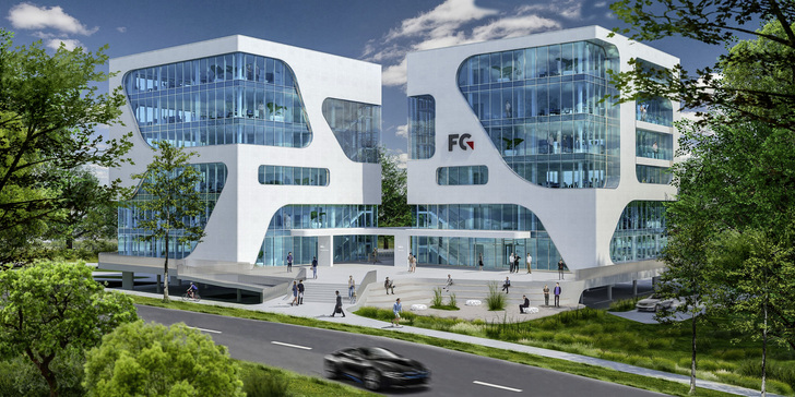 An der A5 Abfahrt Karlsruhe-Nord entsteht der Neubau FC Campus. Eyecatcher wird die strahlend weiße Fassade, die von bläulich schimmernden Verglasungen durchbrochen werden soll. - fc.gruppe und 3deluxe-Architekten