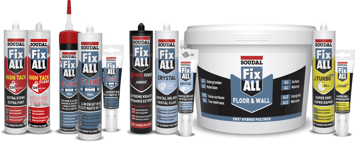 Die Hybrid-Polymere der Fix All-Produktreihe sind ­echte Alleskönner und eignen sich perfekt zum Kleben, Montieren, Abdichten und Verfugen. - Soudal