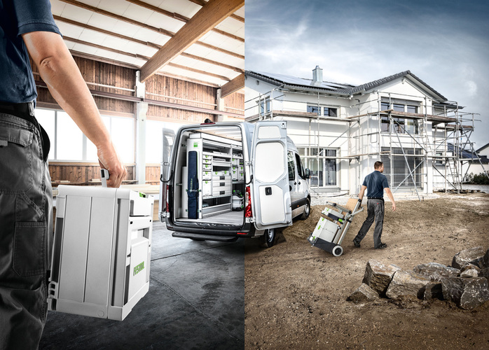 Arbeitsplatz ordnen, Werkzeug und Zubehör sicher transportieren — von der Werkstatt bis zur Baustelle. Die neue Systainer-Generation. - Festool GmbH - © Festool GmbH
Arbeitsplatz ordnen, Werkzeug und Zubehör sicher transportieren — von der Werkstatt bis zur Baustelle. Die neue Systainer-Generation. - Festool GmbH - © Festool GmbH