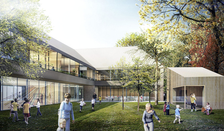 Hier ein 3D-Rendering mit dem Entwurf für die Glasfassaden für die Rudolf Steiner Schule in Wien.