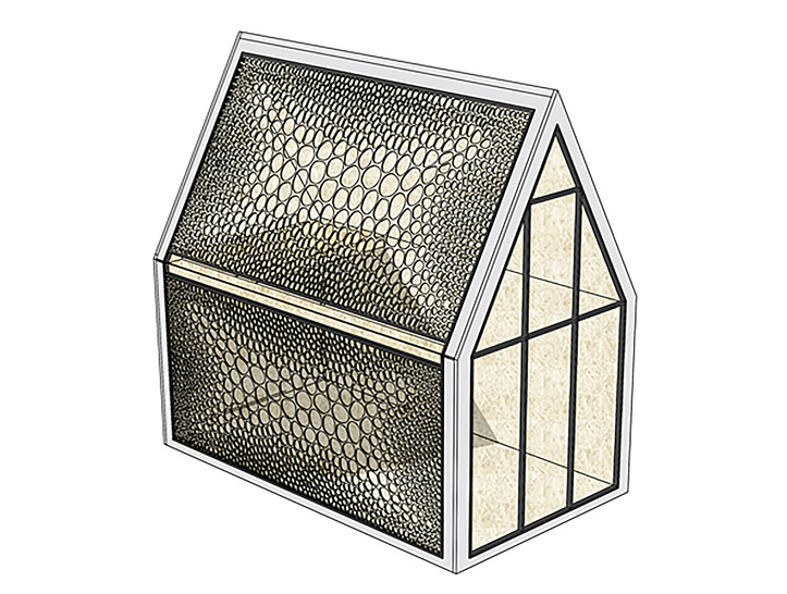 01: Rendering der Anwendung von Dünnglas-Verbundelementen in der Fassade und im Dach. Der 3D-gedruckte Kern übernimmt gleichzeitig die Sonnenschutzfunktion.
