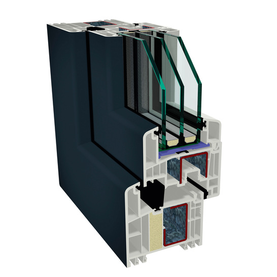 Das Gealan S 9000 ist ein vollumfängliches Profilsystem - hier zu sehen mit Intensiv Kern Dämmung (IKD) und Acrylcolor Oberfläche RAL 7016.