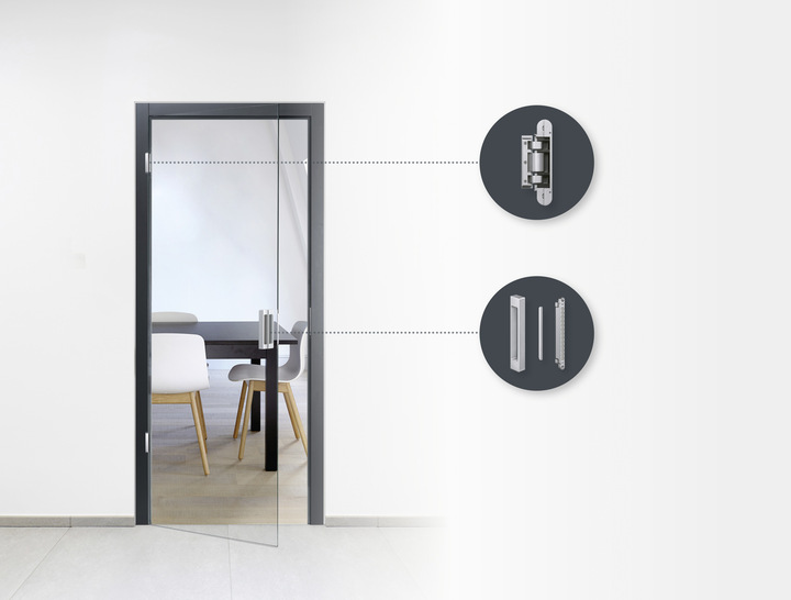 Das Bandsystem Tectus TEG 310 2D und das magnetische Schließsystem Keep Close bilden zusammen das Beschlagsystem Tectus Glas für Ganzglastüren bis 80 kg. - © Foto: Simonswerk
