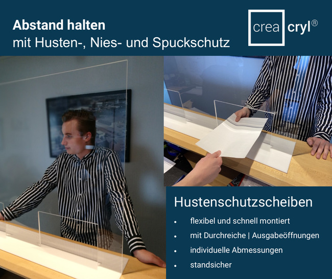 Pfiffige Idee, die nicht nur Glaser gut umsetzen können: Schutzscheiben für Geschäfte sowie auch für Krankenhäuser uva., wo ein enger Kontakt der Servicemitarbeiter mit den Kunden über die Theke gegeben ist. Auch Trennwände sind so umsetzbar. - © Frerichsglas
 Pfiffige Idee, die nicht nur Glaser gut umsetzen können: Schutzscheiben für Geschäfte sowie auch für Krankenhäuser uva., wo ein enger Kontakt der Servicemitarbeiter mit den Kunden über die Theke gegeben ist. Auch Trennwände sind so umsetzbar.