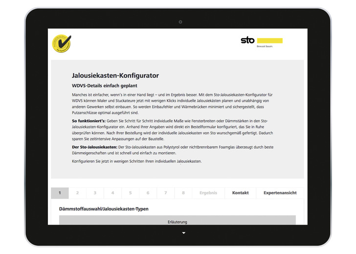 Online in acht Schritten den maßgeschneiderten Jalousiekasten mit allen Maßen konfigurieren: Einfach über das Web-Tool von Sto.