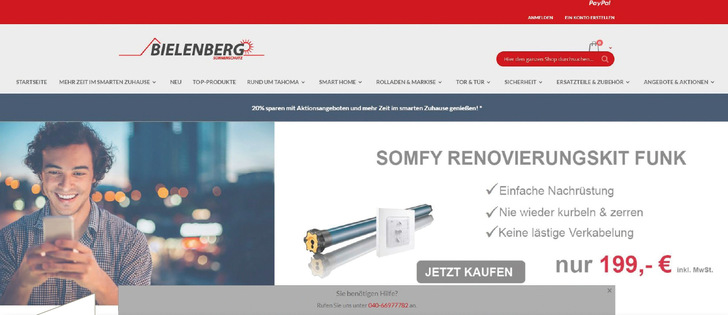 Screenshot eines exemplarischen Somfy Experten-Onlineshops aus Hamburg.