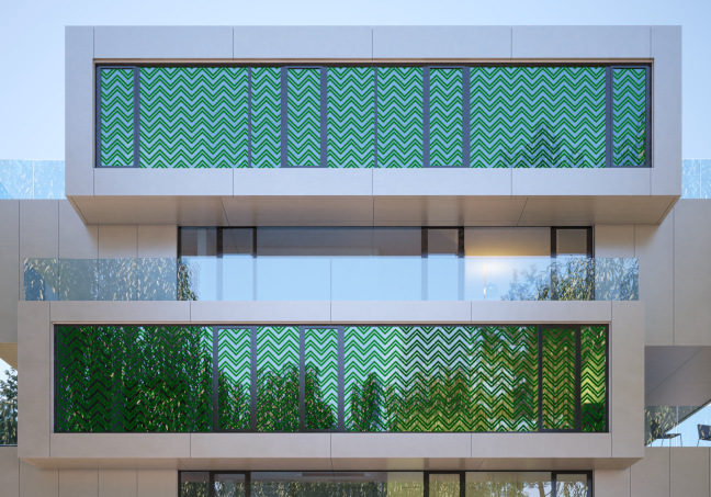 Tecglass hat speziell für Glasfassaden eine neue Kollektion grafischer Muster entwickelt, die nach dem Druck auf das Fassadenglas auch Sonnenschutz-Funktion übernehmen. - © Tecglass
