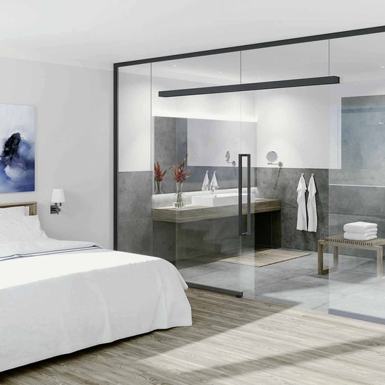 Neben den fünf Standardoberflächen, gibt es das Raumsystem Uniquin von dormakaba auch pulverbeschichtet in allen RAL Farben.