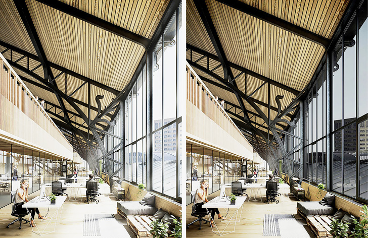 Die Fassade des Gare Maritime in Brüssel besteht aus 1633 m2 sensor­gesteuerten, schaltbaren Halio-Scheiben (rechts im gedimmten ­Zustand).