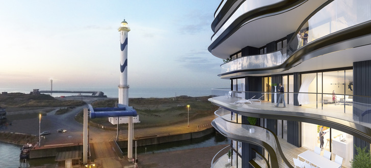 Bei dem „One ­Baelskaai“ Gebäude im alten Hafen von Oost­ende hat fast jedes﻿ der 59 Apartments ­einen faszinierende Blick auf den Strand und die Nordsee. - © Foto: Versluys Groep / One Baelskaai, Oosteroever Ostend
