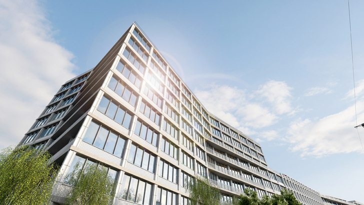 Die Sockelfassade des B:HUB wurde als Pfosten-Riegel-Konstruktion ausgebildet , bei der Hülle der Obergeschosse handelt es sich um eine klassische Lochfassade.