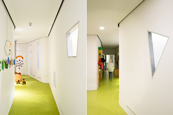 Glastec Rosenheim bietet jetzt auch schräge Verglasungen für Trockenwände an. Diese Durchblickfenster in eimem Kindergarten wurden mit dem  Glassystem Planline TB umgesetzt.