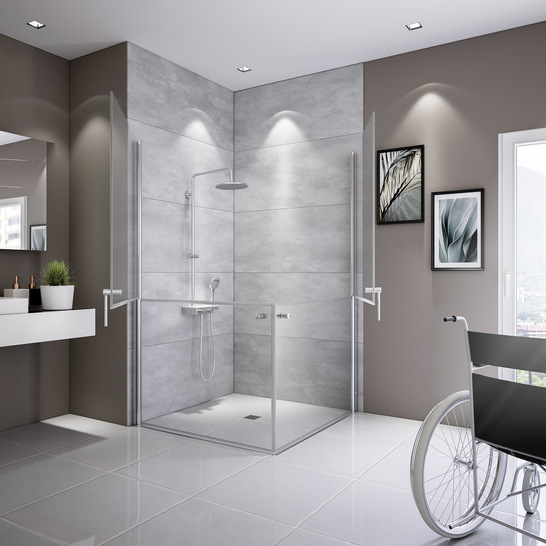 Die Pflegedusche von Duschwelten: Sie verbindet Komfort mit der Möglichkeit der Unterstützung – ganz einfach durch die geteilte Tür.