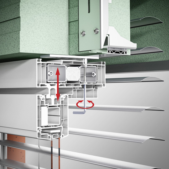 Über eine Stufenbohrung greift das Adapter­profil SK HSA in den oberen Blendrahmen ein. Anschließend lässt sich mittels einer Flachkopfschraube der Blendrahmen präzise justieren. - © Foto: Beck+Heun
