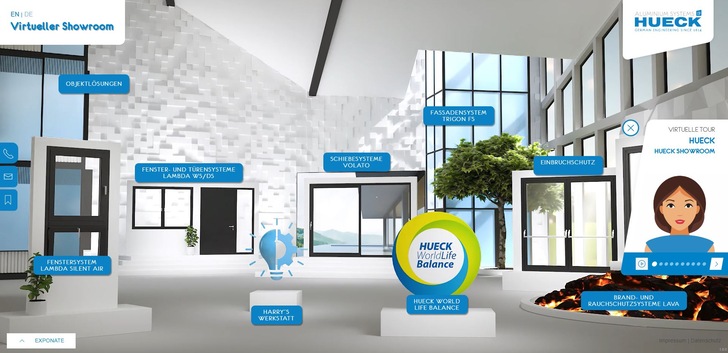 Durch Klicken auf die  Exponate erhalten die Besucher im Hueck Showroom viele Produktdetails und Beispiele von umgesetzten Referenzobjekten. Eine intuitive Navigation führt durch alle Bereiche des Showrooms.