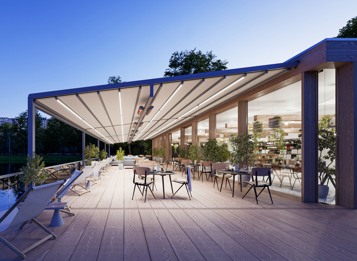 The pergola stretch stands for size and a larger weather-protected, shaded area. For the catering industry in particular, this offers a wide range of opportunities to fulfil guests’ desire for experience-oriented catering in the open air. - © Photo: markilux
